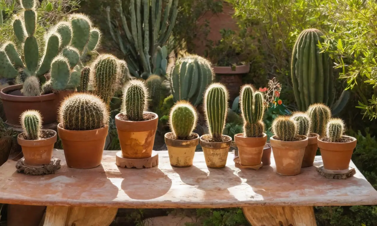 Jardín soleado con cactus y herramientas de jardinería