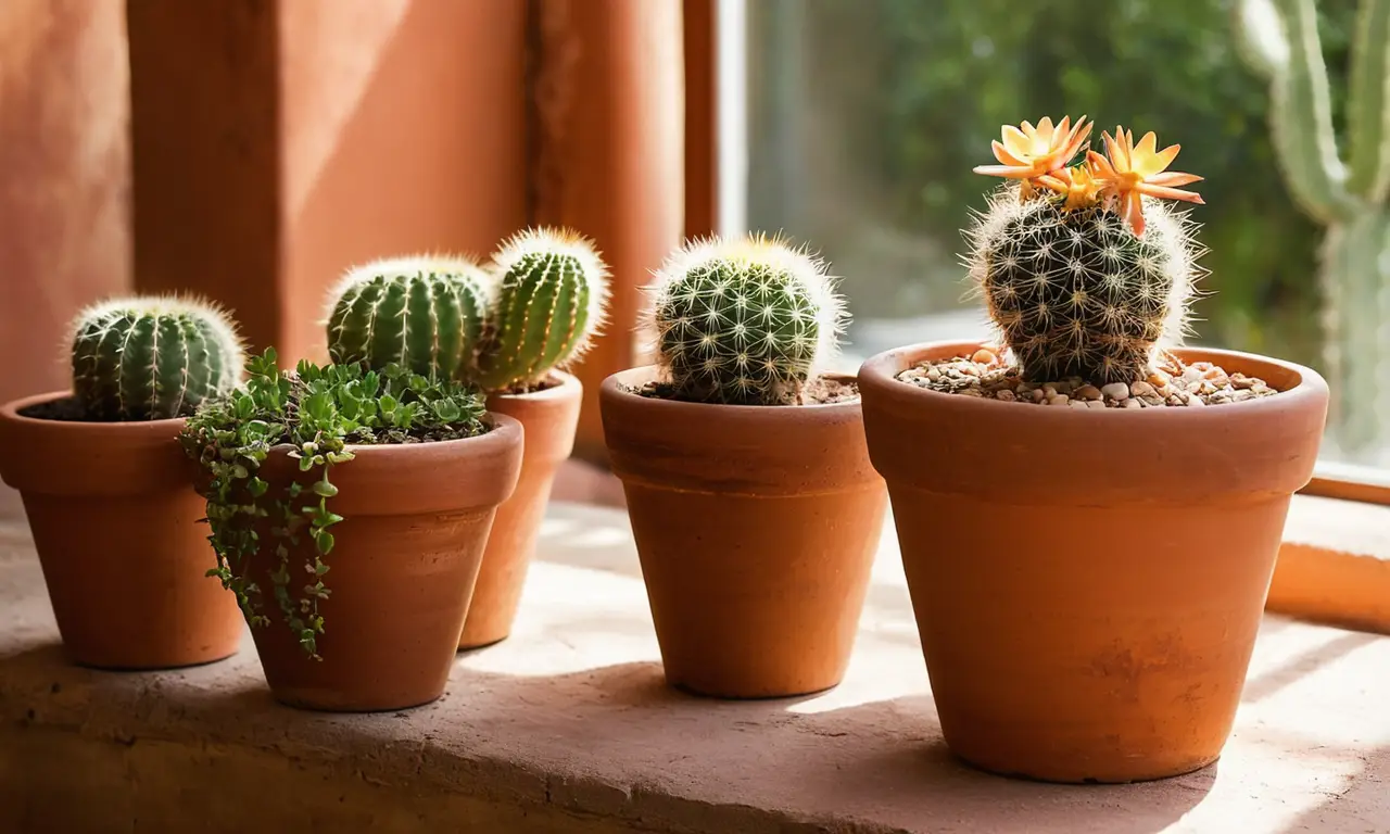 Cactus en terracota iluminados por luz natural