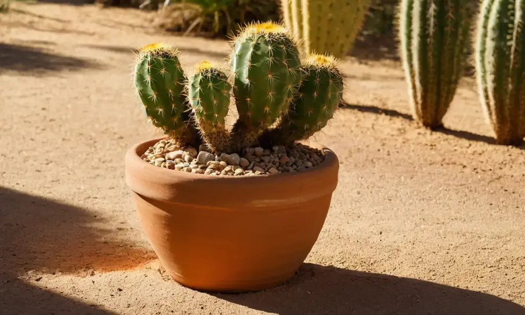 Cactus iluminados sobre mesa terracota soleada