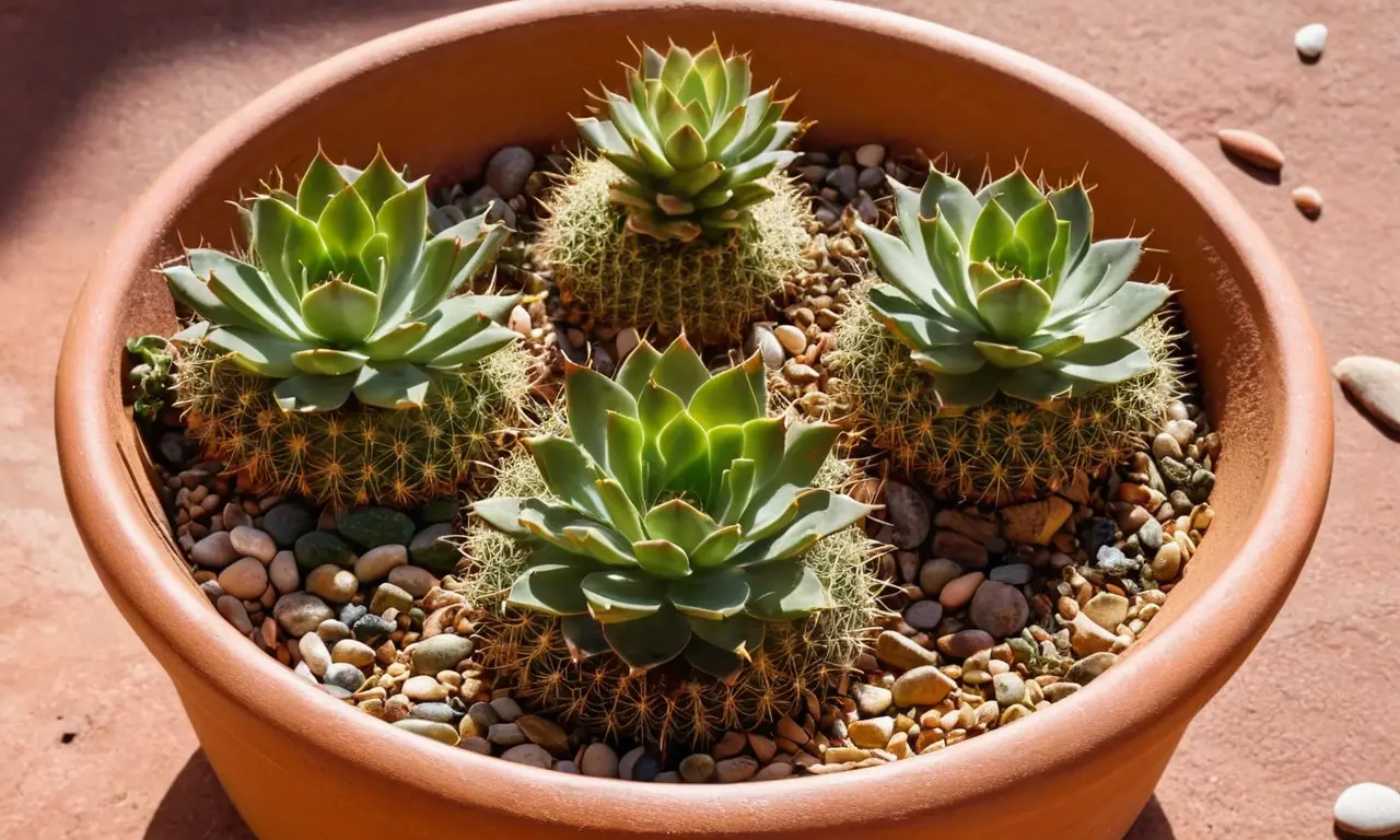 Cactus variados en una mesa iluminada