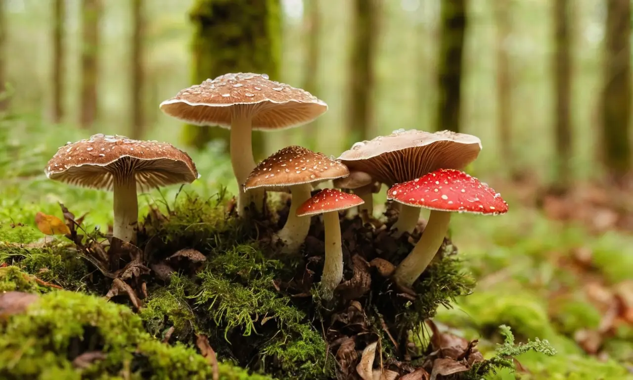 Setas diversas en un bosque iluminado