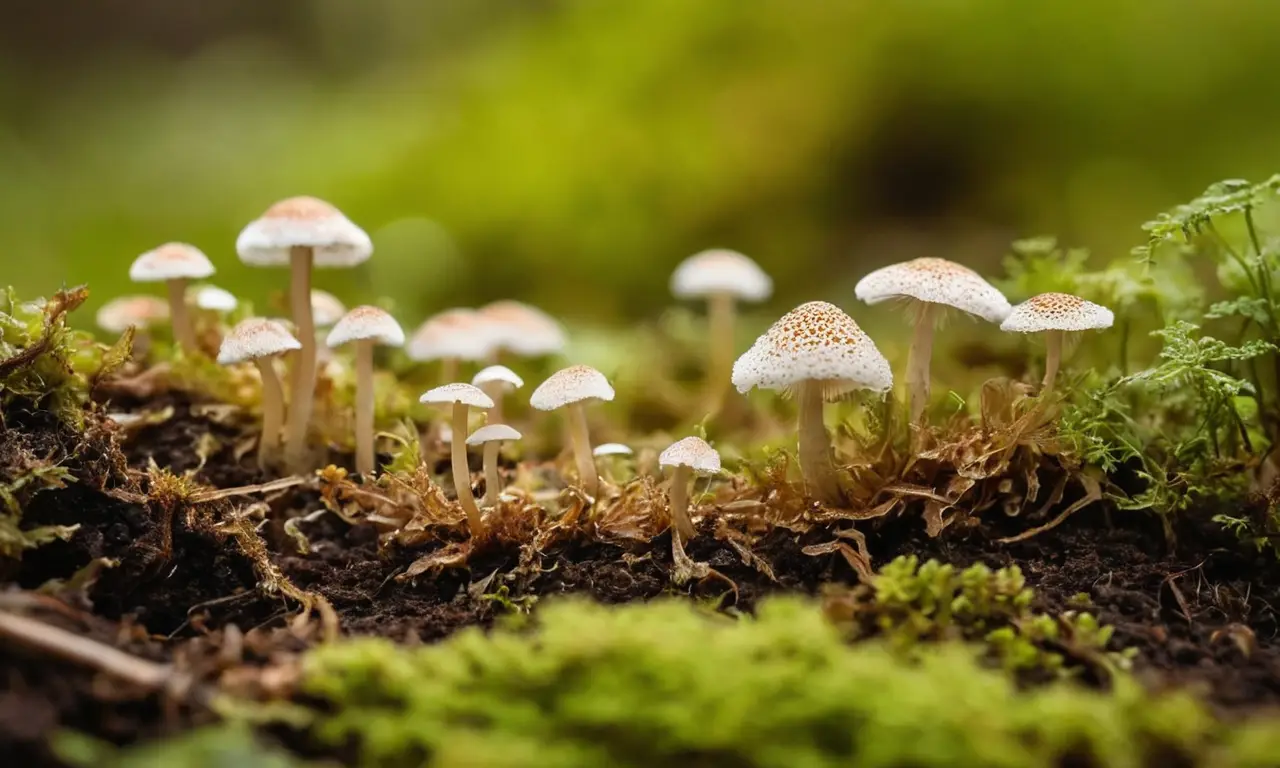 Esporos de hongos sobre suelo rico y oscuro