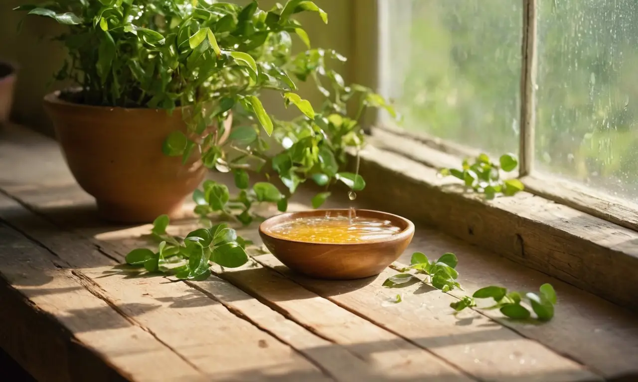 Mesa rústica con leche, miel y naturaleza