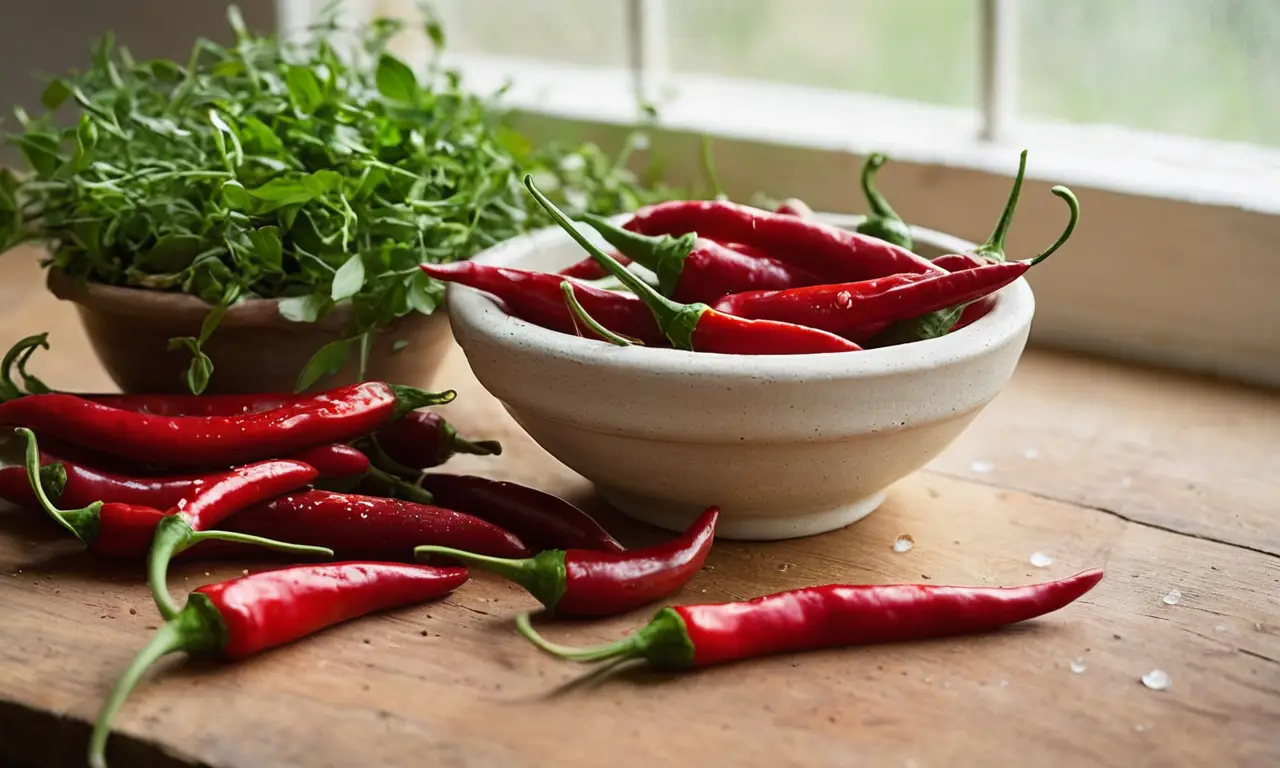 Chiles rojos frescos en mesa rústica