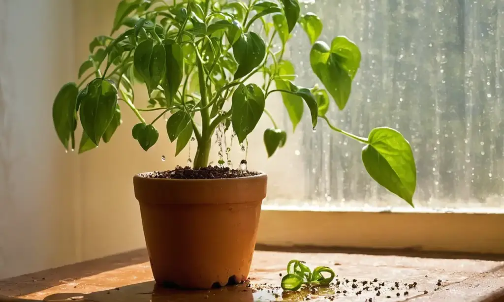 Plántulas de pimientos brillantes en maceta