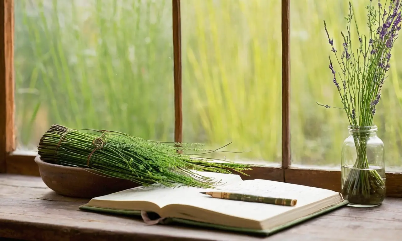 Mesa rústica con plantas y utensilios naturales