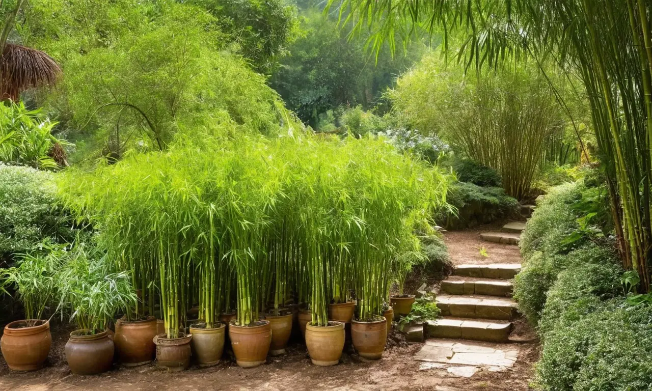 Jardín vibrante con bambú y luz dorada