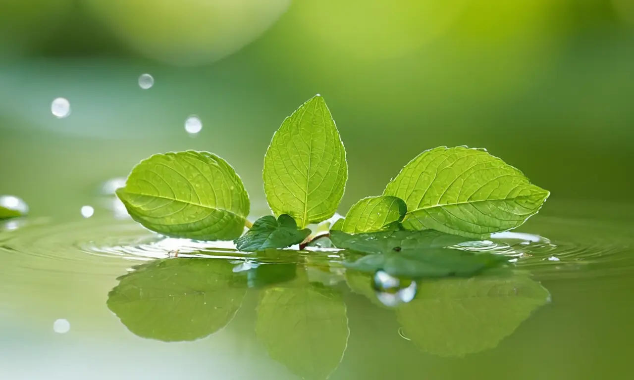 Hojas de menta en agua con luz