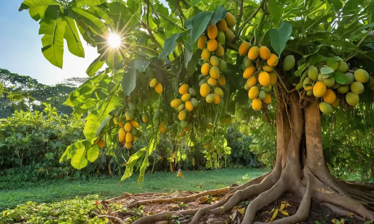 Jardín tropical con papayas y luz cálida