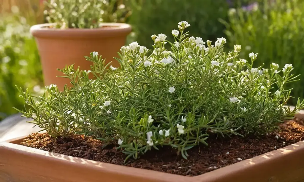 Jardín soleado con romero y herramientas rústicas