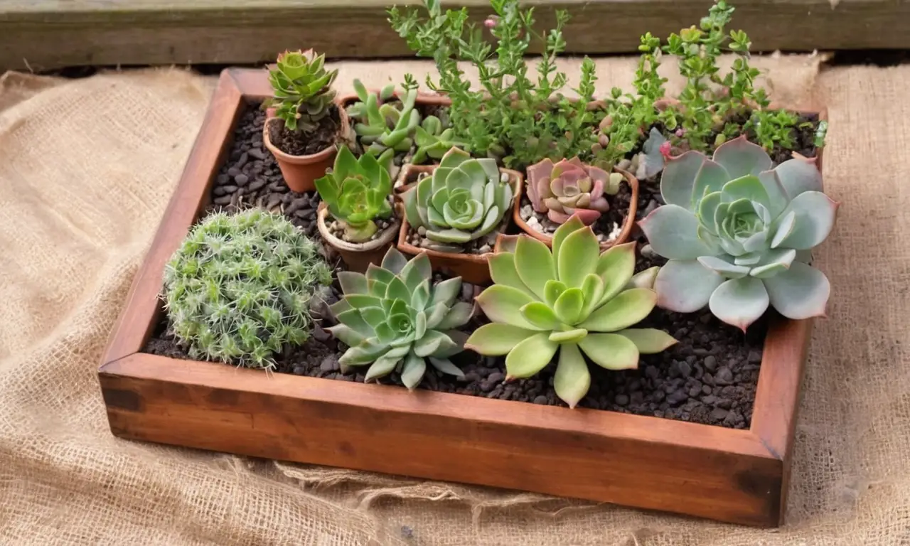 Bandeja de jardinería con suculentas y herramientas