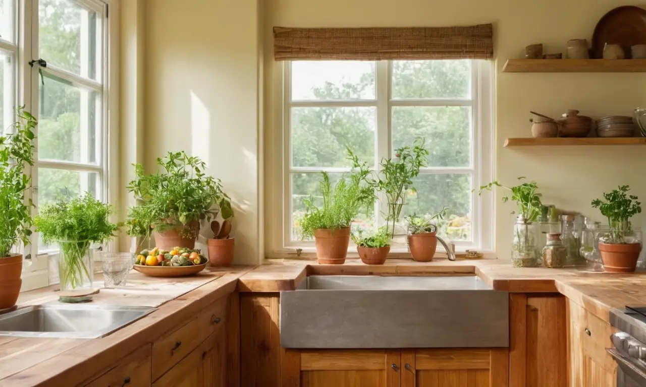 Cocina luminosa y acogedora con decoración sostenible