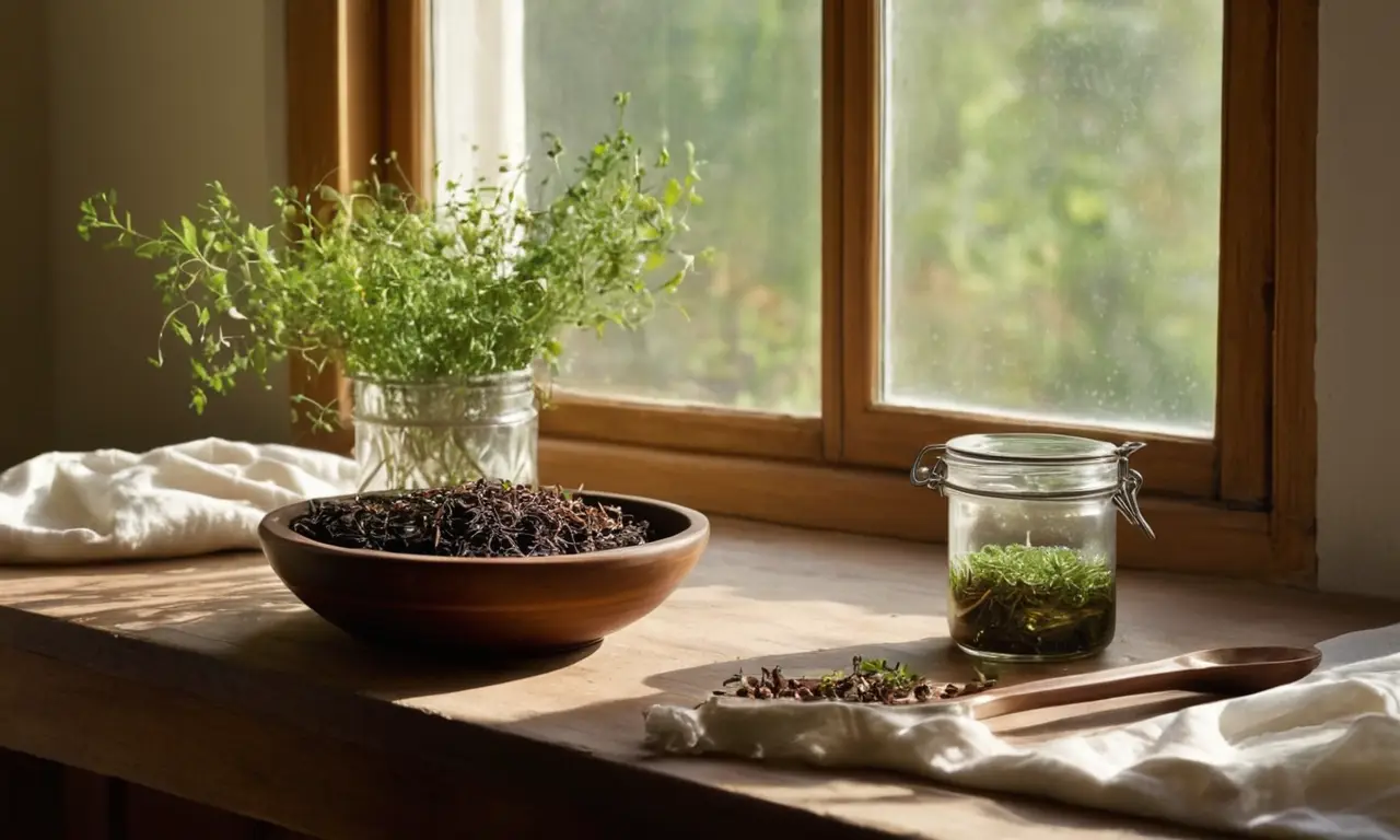 Mesa de cocina iluminada con materiales naturales