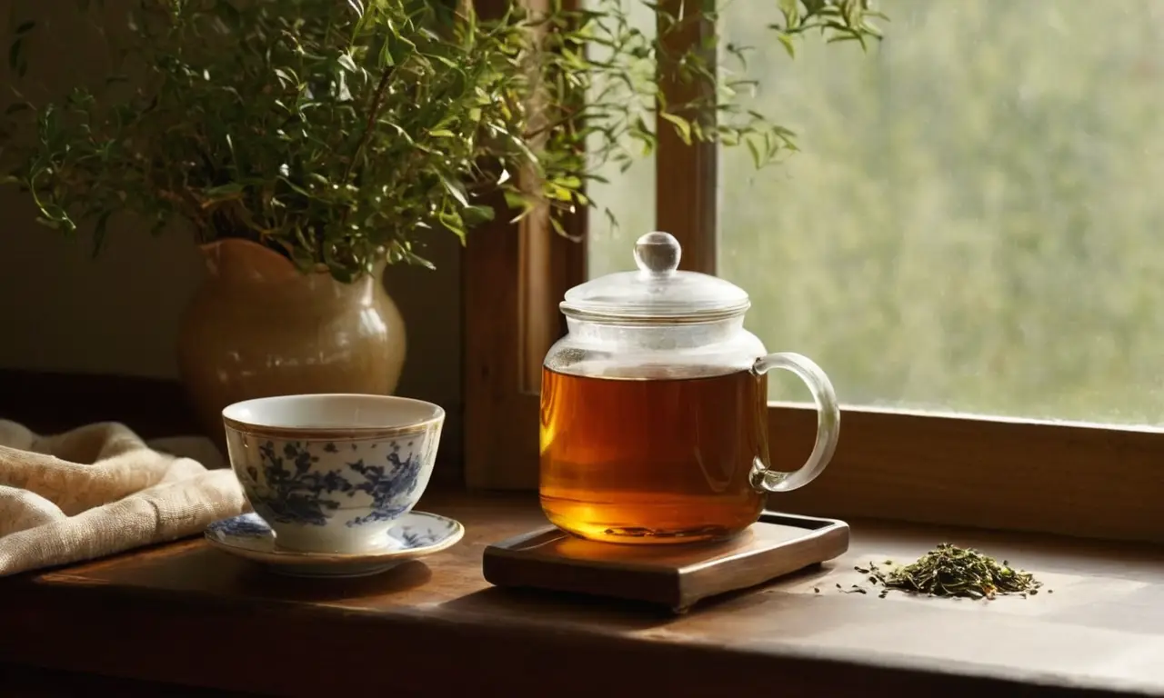 Mesa de madera con té y creatividad