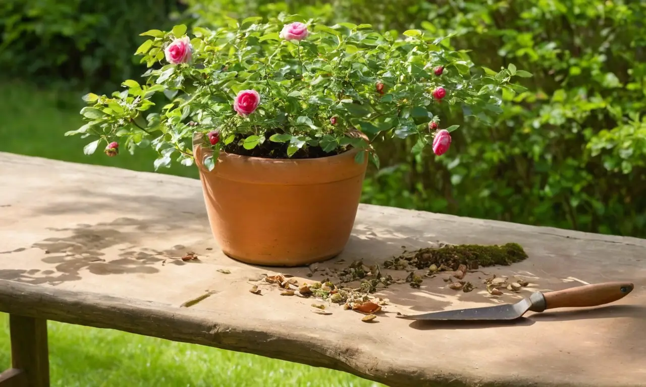 Mesa de jardín con rosa y terracota