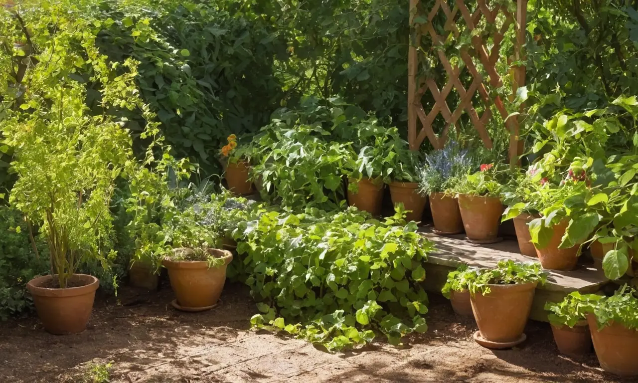 Jardín iluminado con plantas y un jardinero