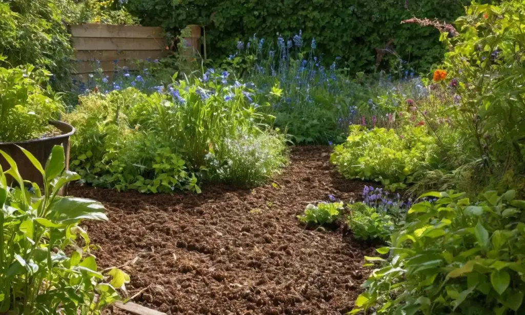 Jardín soleado con compost y vida natural