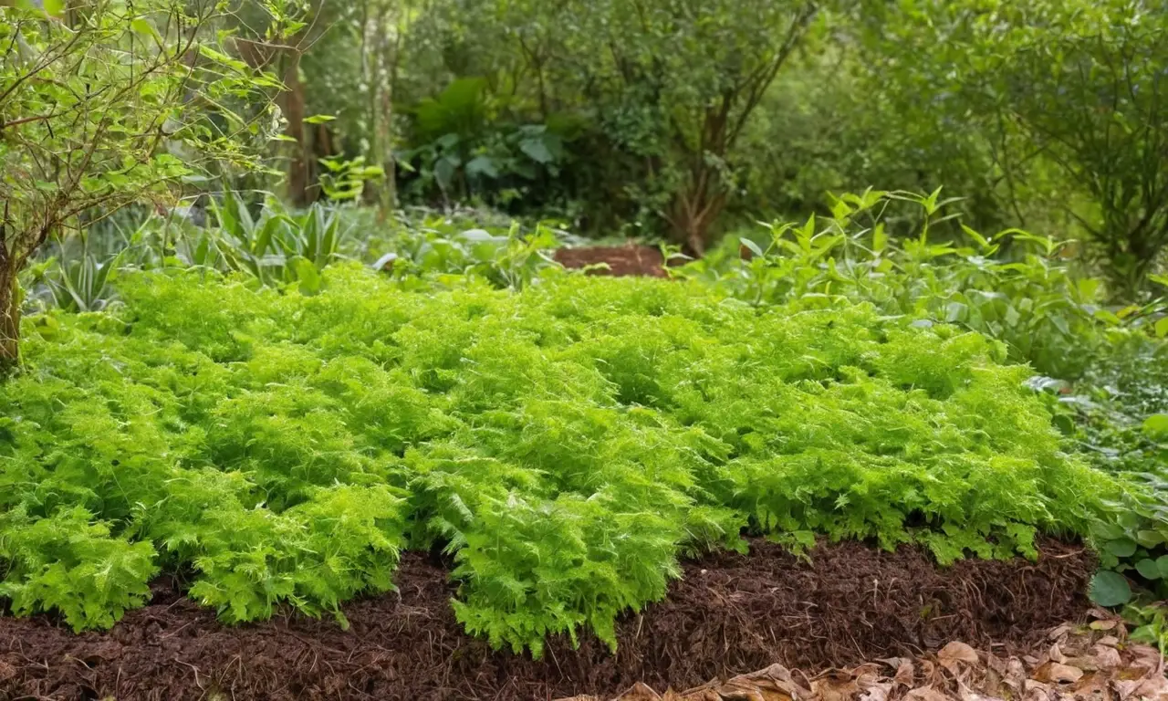 Suelo rico, plantas verdes y compost visible