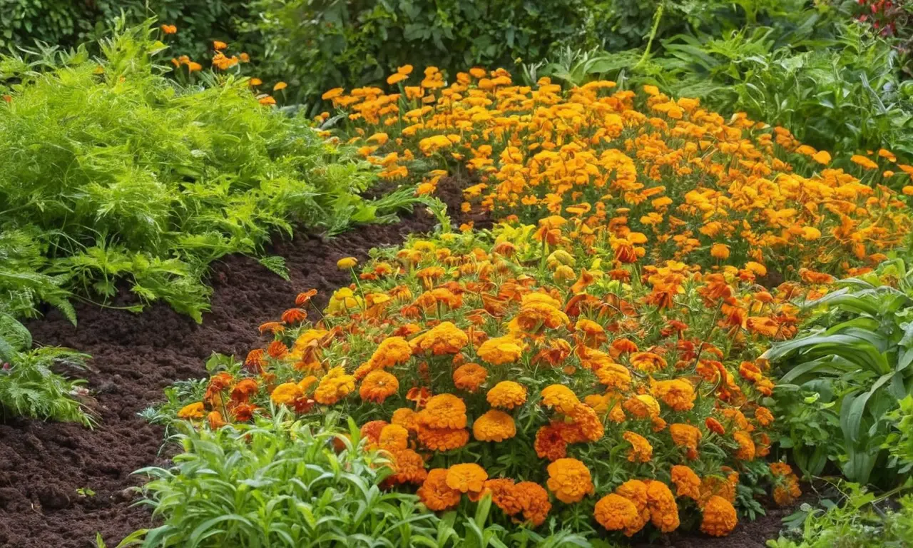 Jardín sereno con compost y flores vibrantes