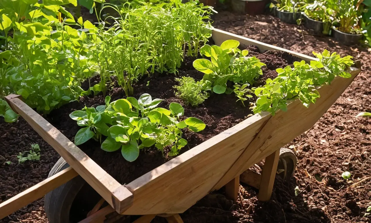 Un jardín vibrante con abono y plántulas ordenadas