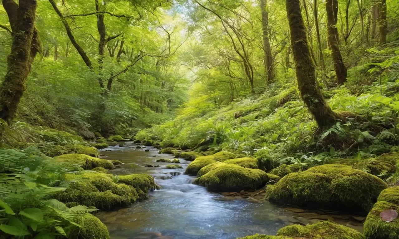 Bosque vibrante con luz, fauna y flora