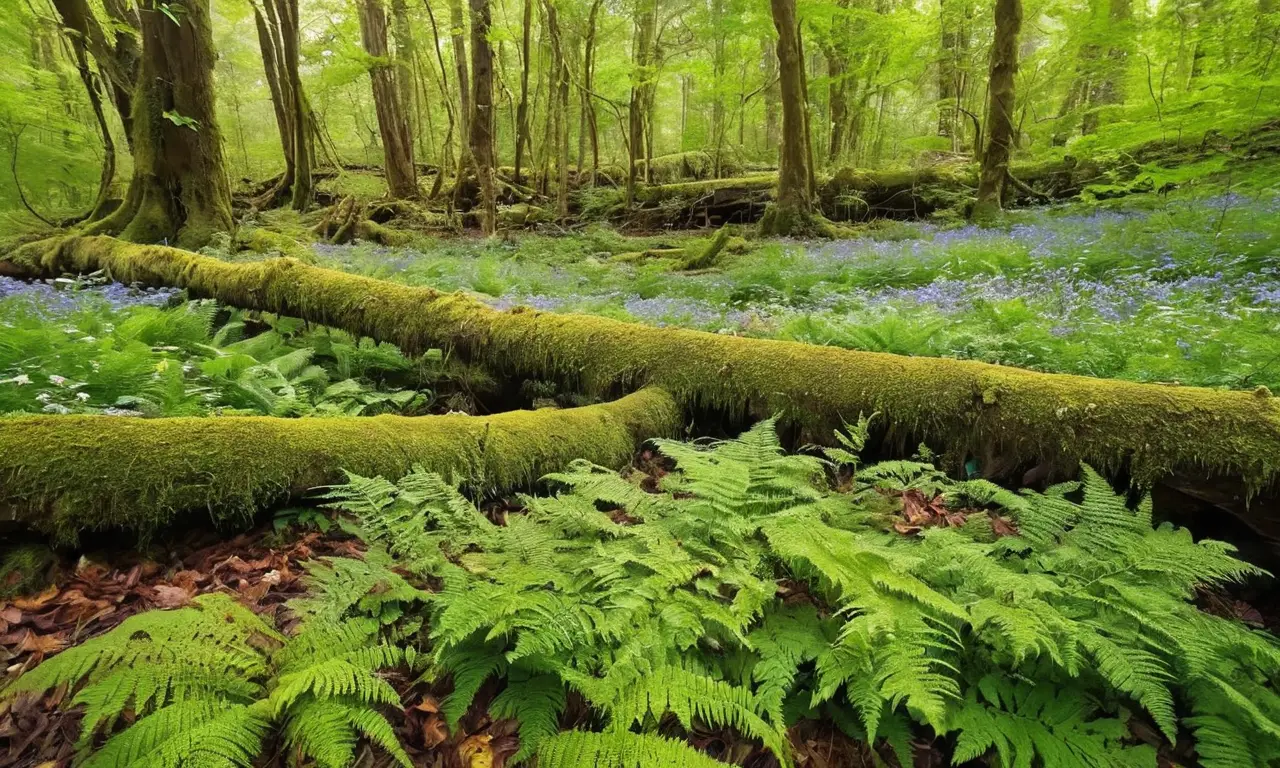 Bosque vibrante con flora y fauna entrelazadas