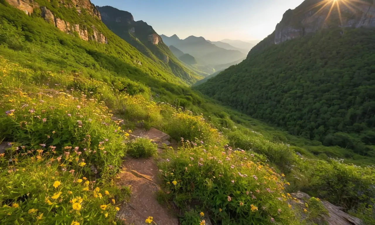 Naturaleza vibrante con montañas y flora diversa
