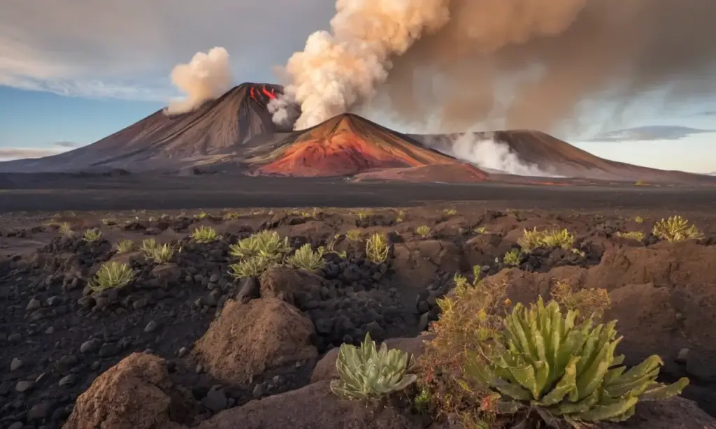 Volcán detallado con lava y vegetación
