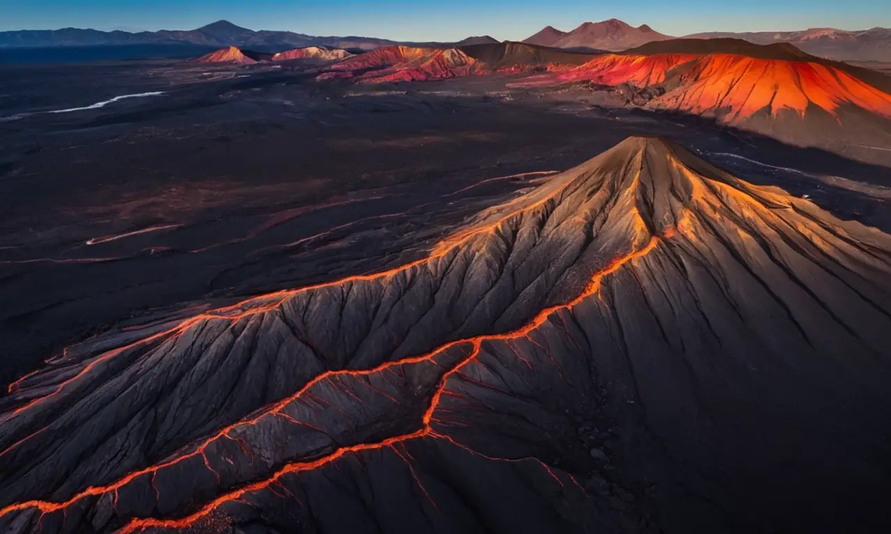Paisaje volcánico con lava y sombras intensas