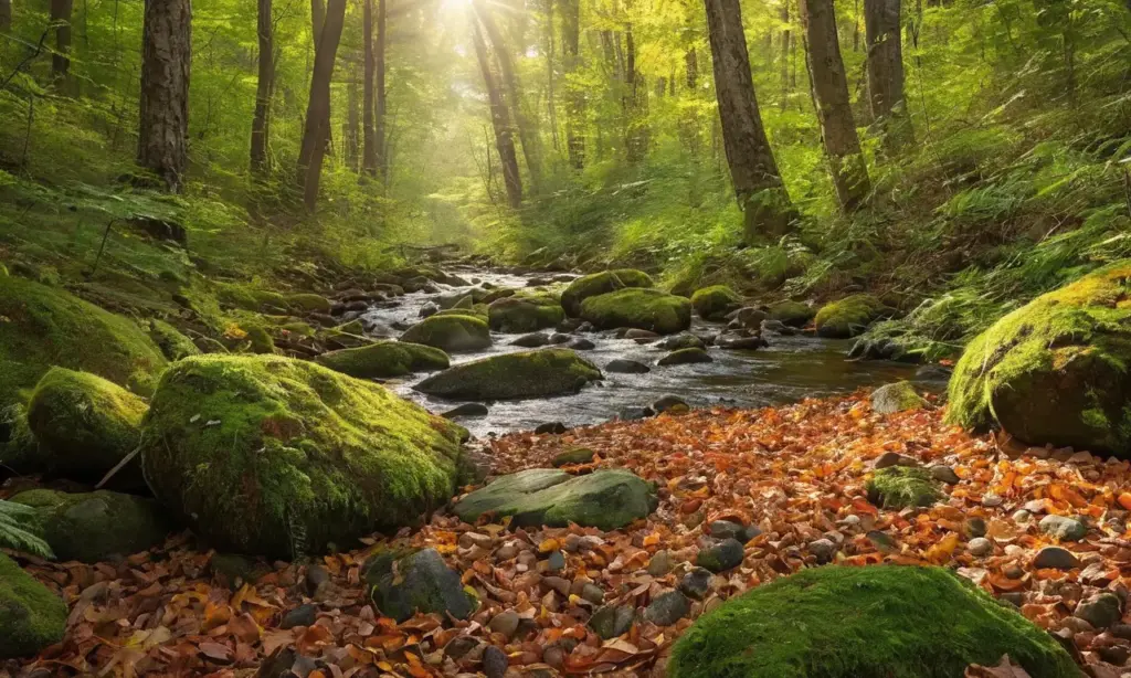 Bosque vibrante con cazador y naturaleza intensa