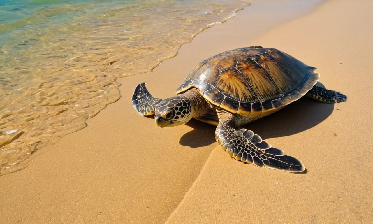 Tortuga marina en un paisaje costero sereno