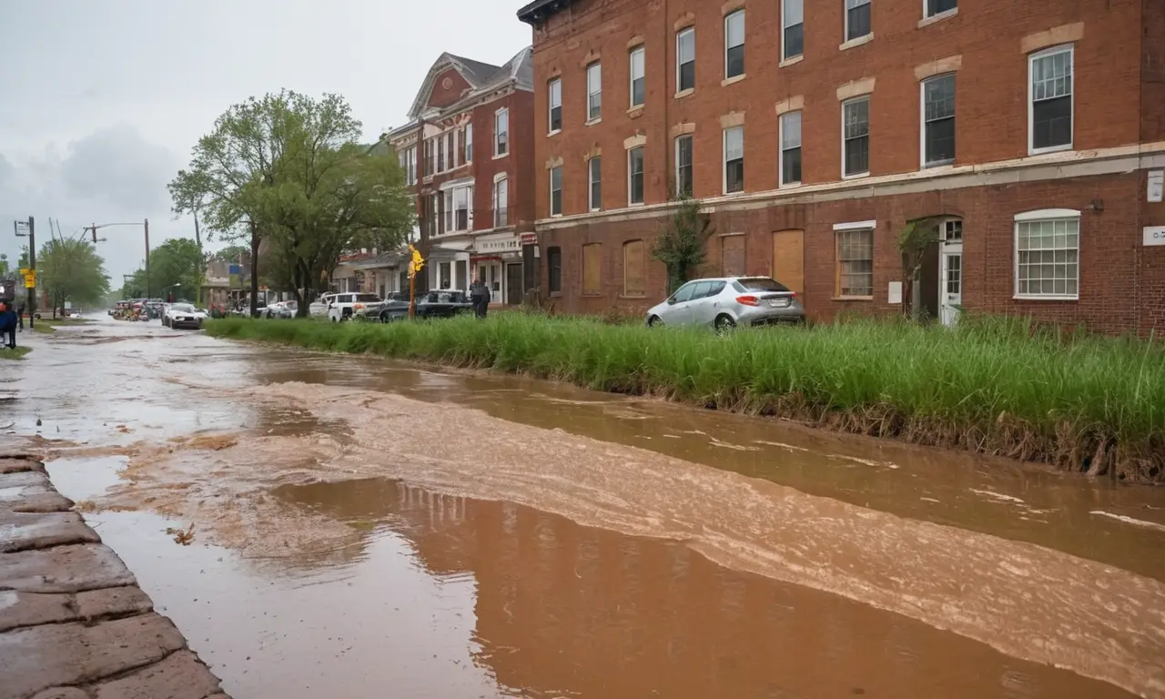 Escena urbana inundada con diversas emociones