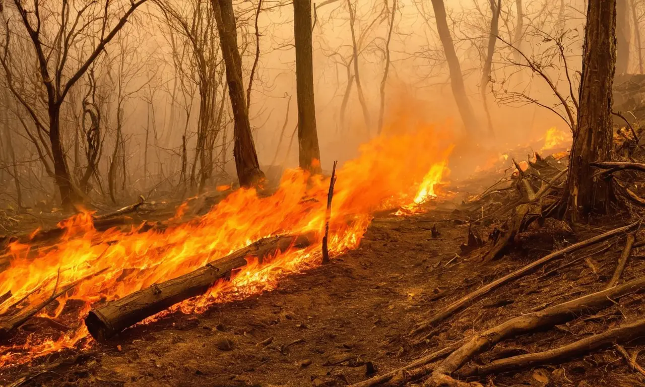 Incendio devastador con bomberos y naturaleza afectada