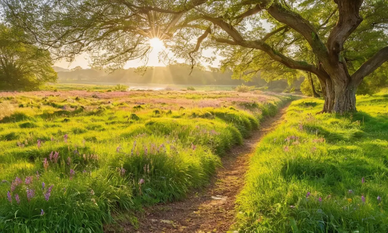 Un paisaje sereno con colinas y un estanque
