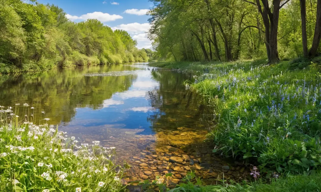 Río sereno con naturaleza y esfuerzo humano