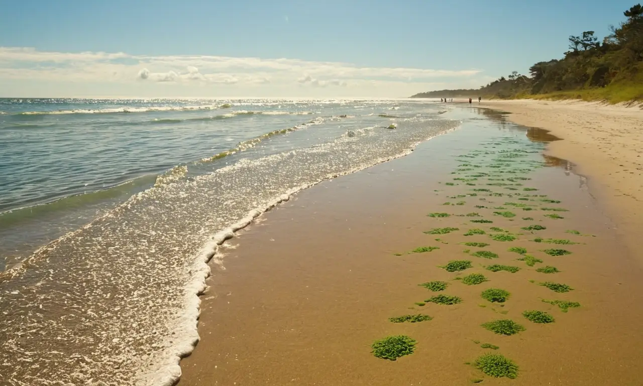 Playa contaminada con aguas turquesas y desechos