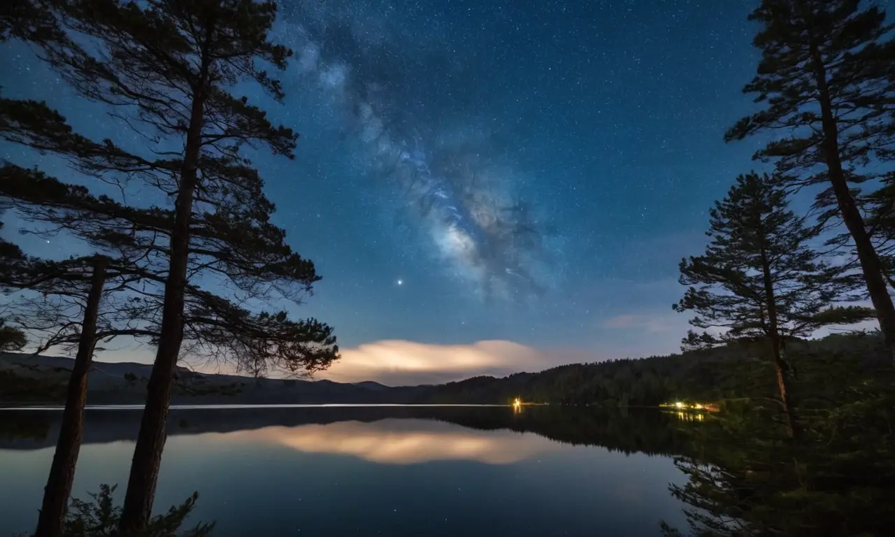 Noche serena con estrellas y luces cálidas