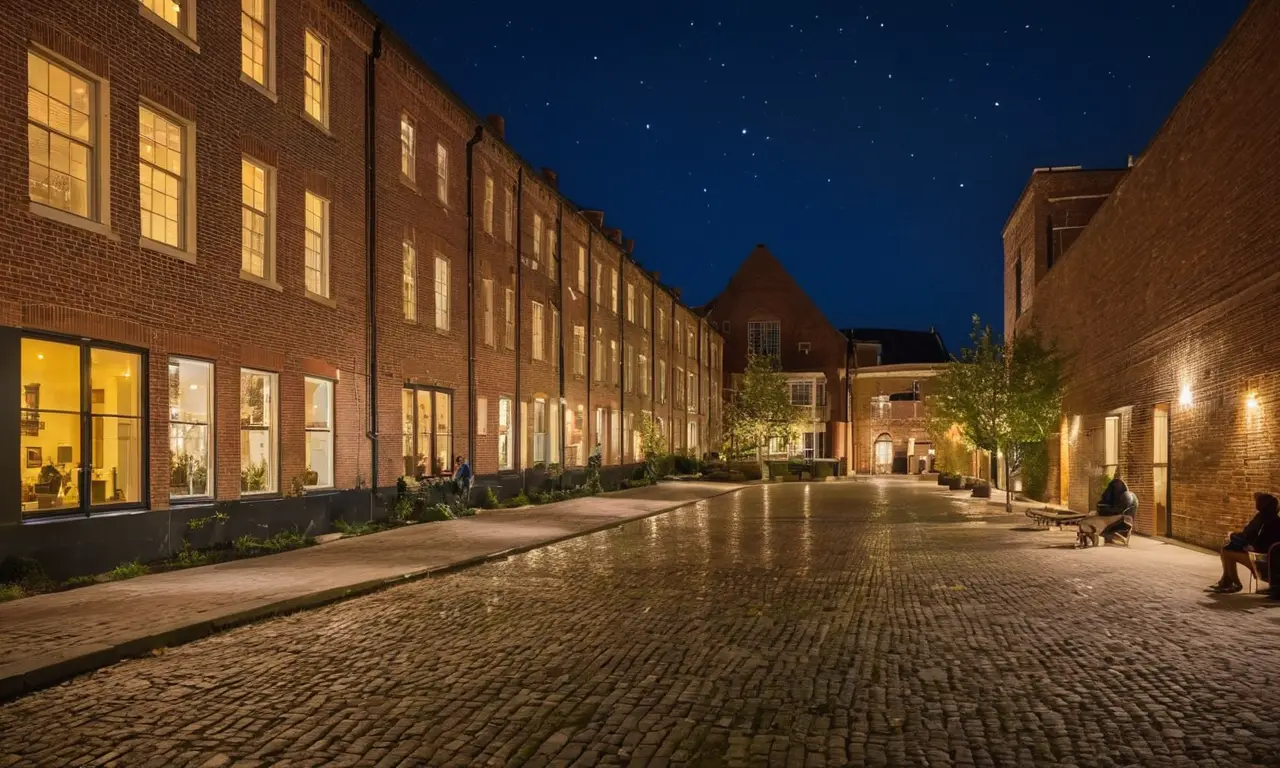 Noche serena en un tranquilo pueblo iluminado