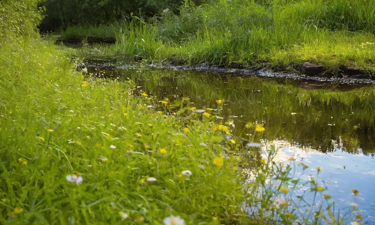 Río sereno con naturaleza y contaminación visible