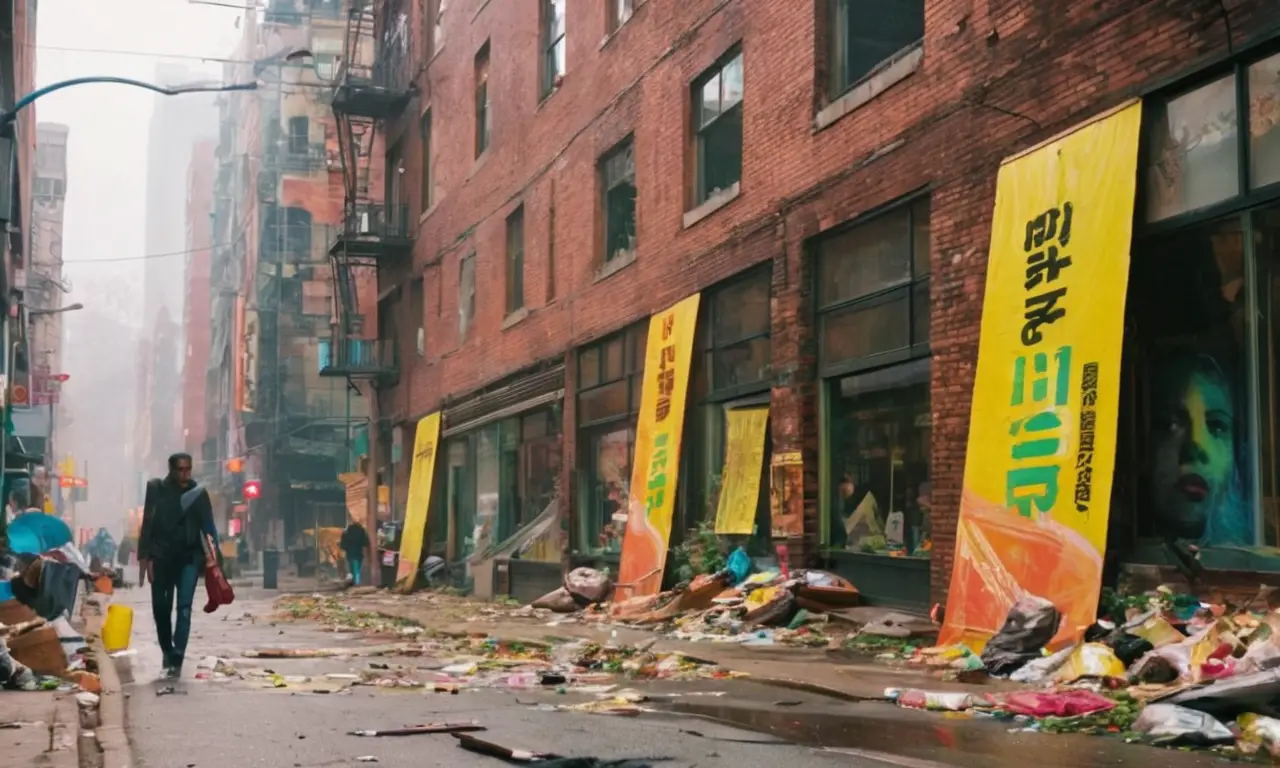 Caótica ciudad vibrante entre contaminación visual