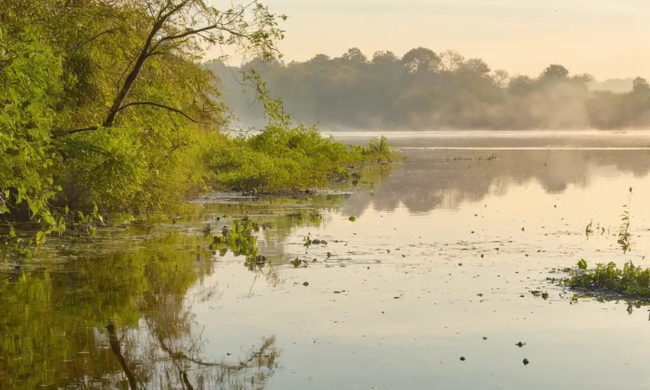 Lago tranquilo, contrastes de naturaleza y contaminación