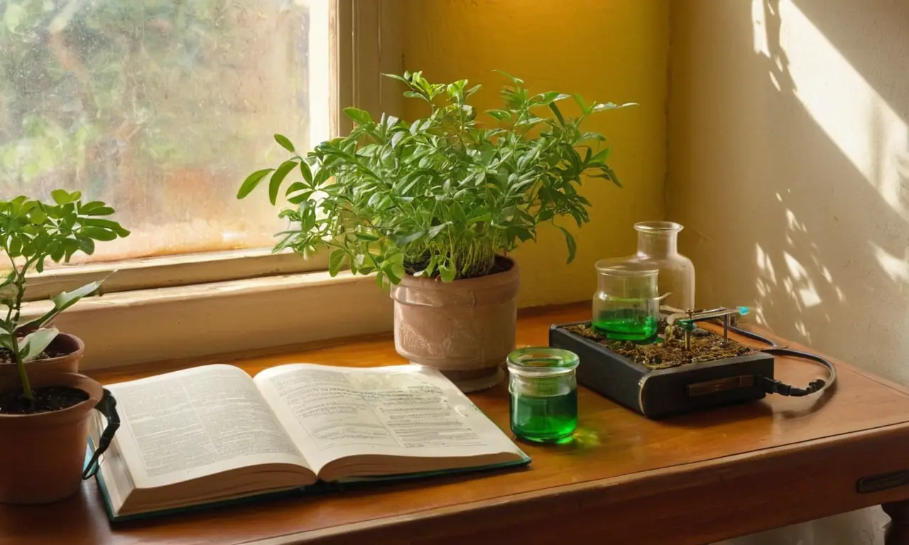 Estudio médico iluminado con libros y viales