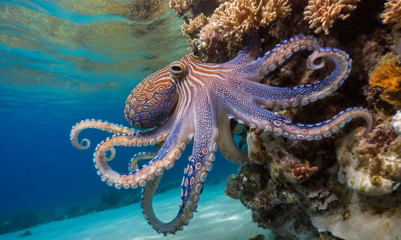 Un pulpo azul en un vibrante ecosistema