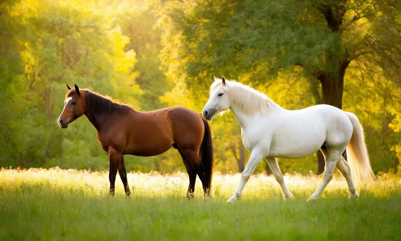 Caballos majestuosos pastan en un prado sereno