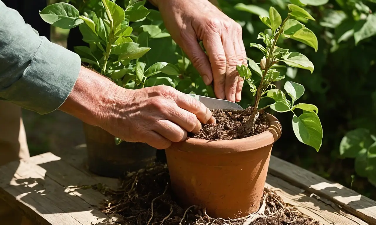 Manos cuidadosas podando una planta en tierra