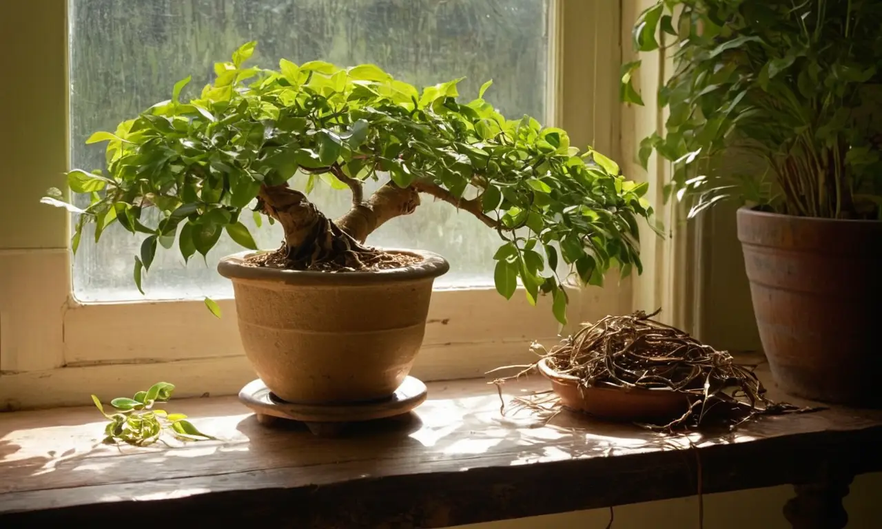 Escena interior iluminada con plantas y herramientas
