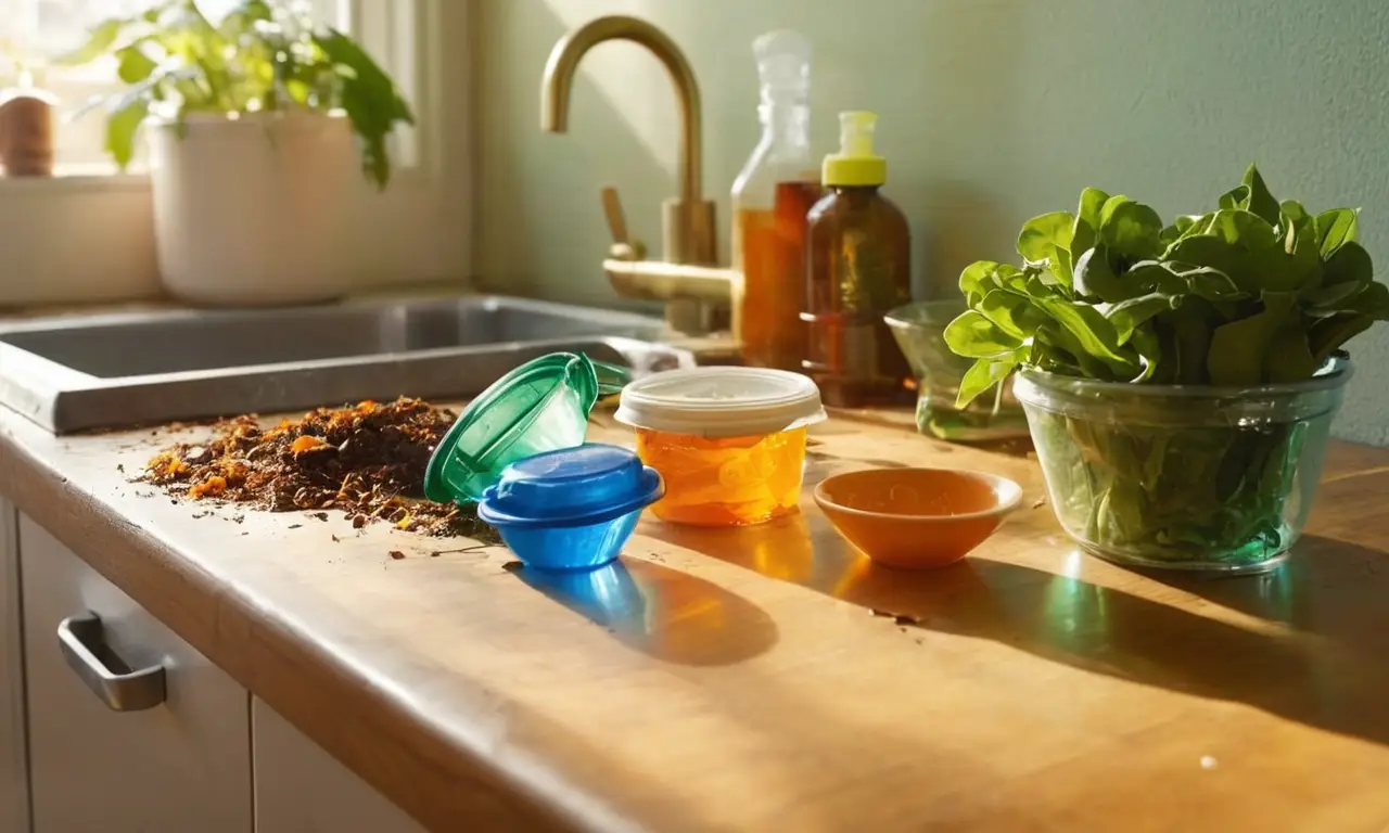 Separación de residuos en una cocina iluminada