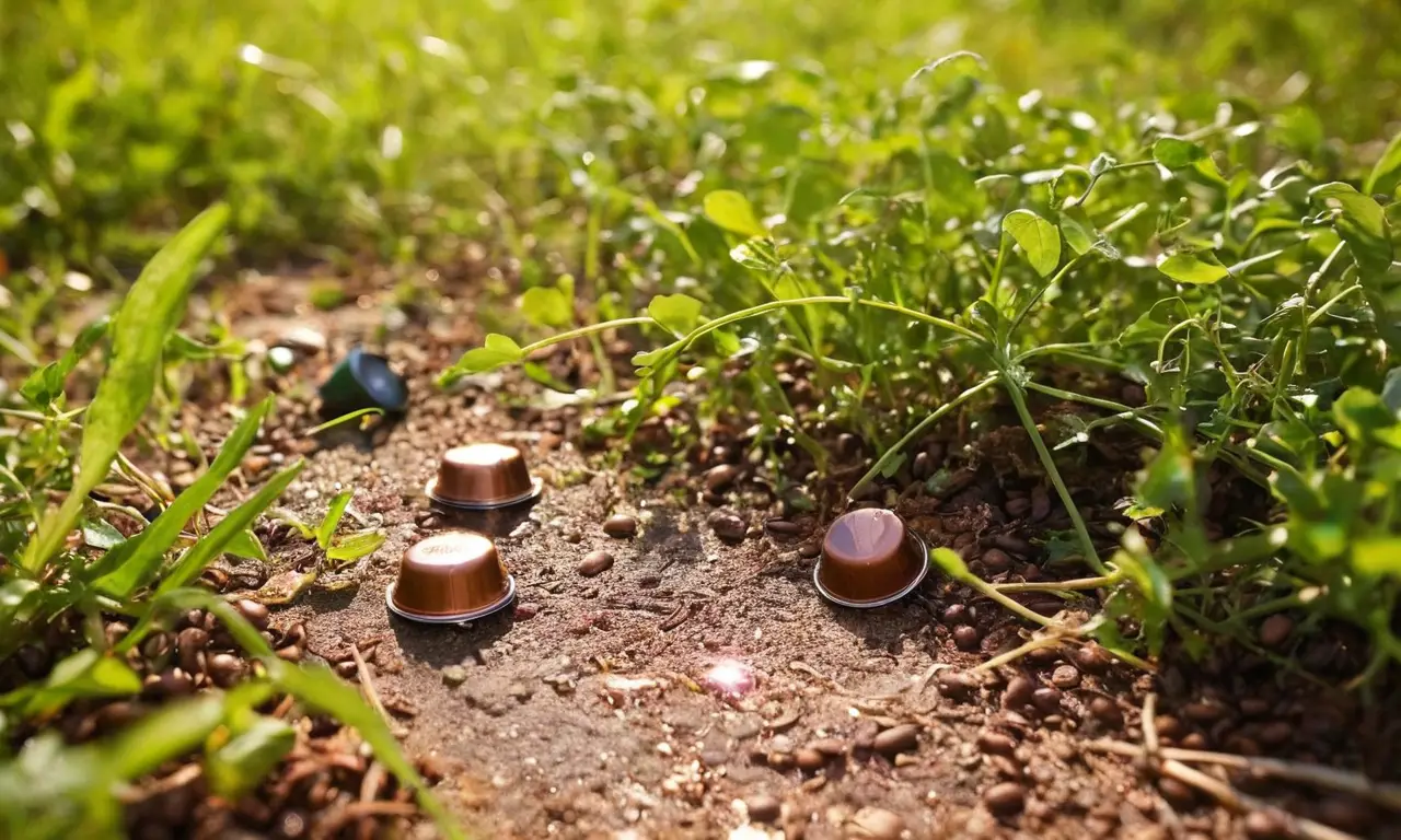 Cápsulas de café desechadas en un entorno natural