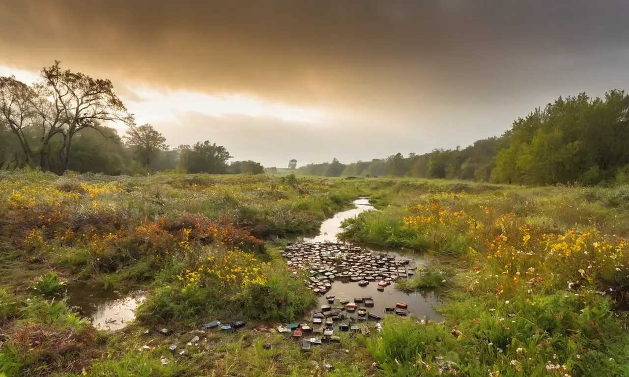 Paisaje contaminado con baterías y naturaleza marchita