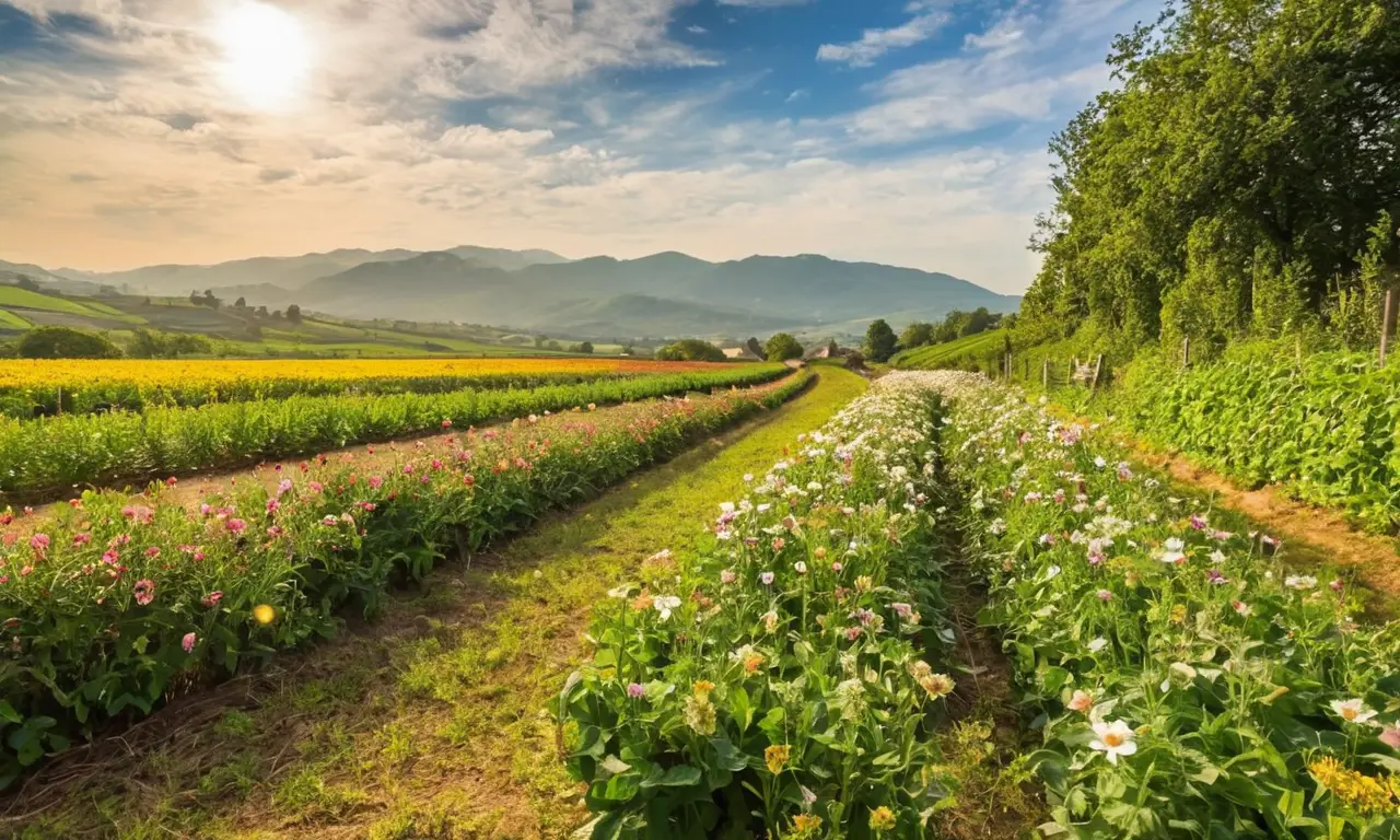 Campos verdes con cultivos y flores vibrantes